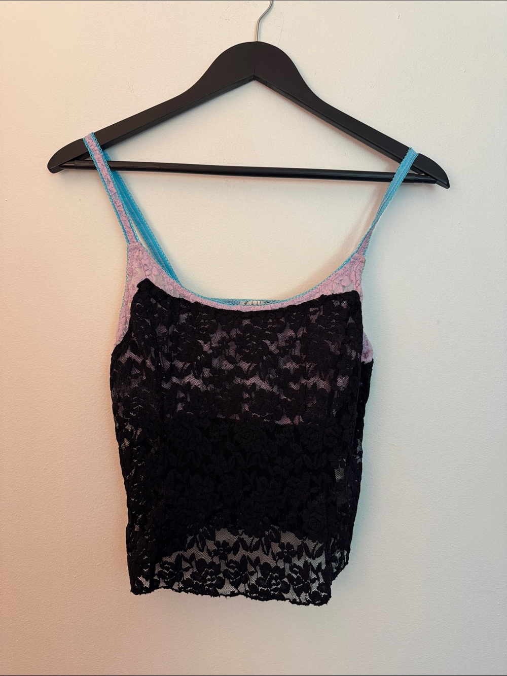 Free People Black Lace Camisole with Pink & Blue Trim